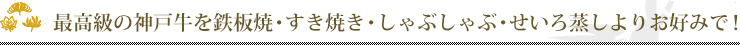 最高級の神戸牛を鉄板焼・すき焼き・しゃぶしゃぶ・せいろ蒸しよりお好みで!